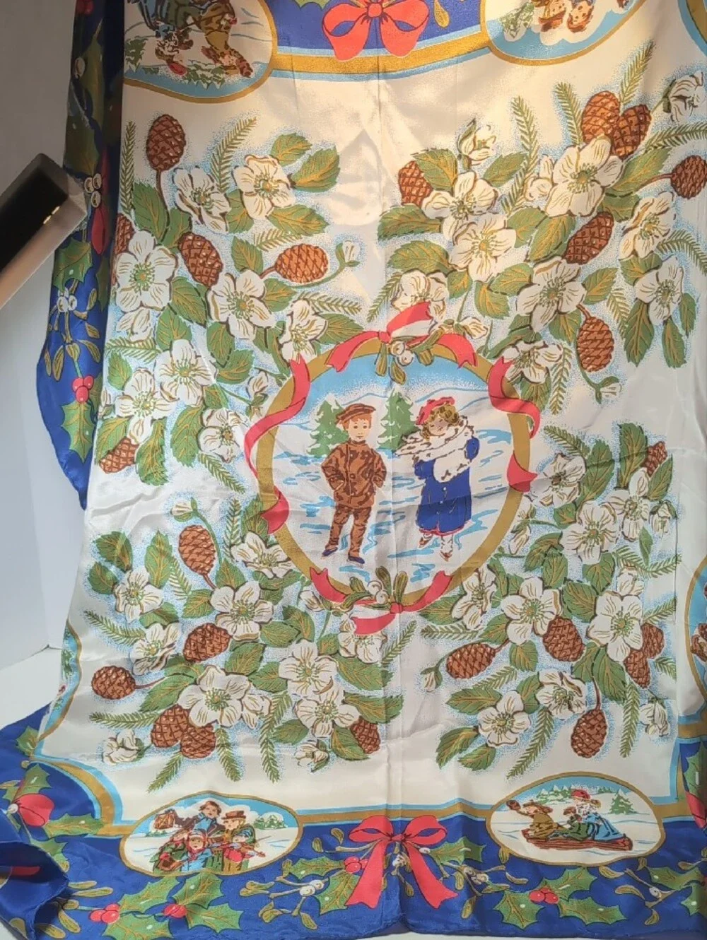 Vntg 100% Silk Square Scarf with Holiday Design, 1992 Old Fashioned